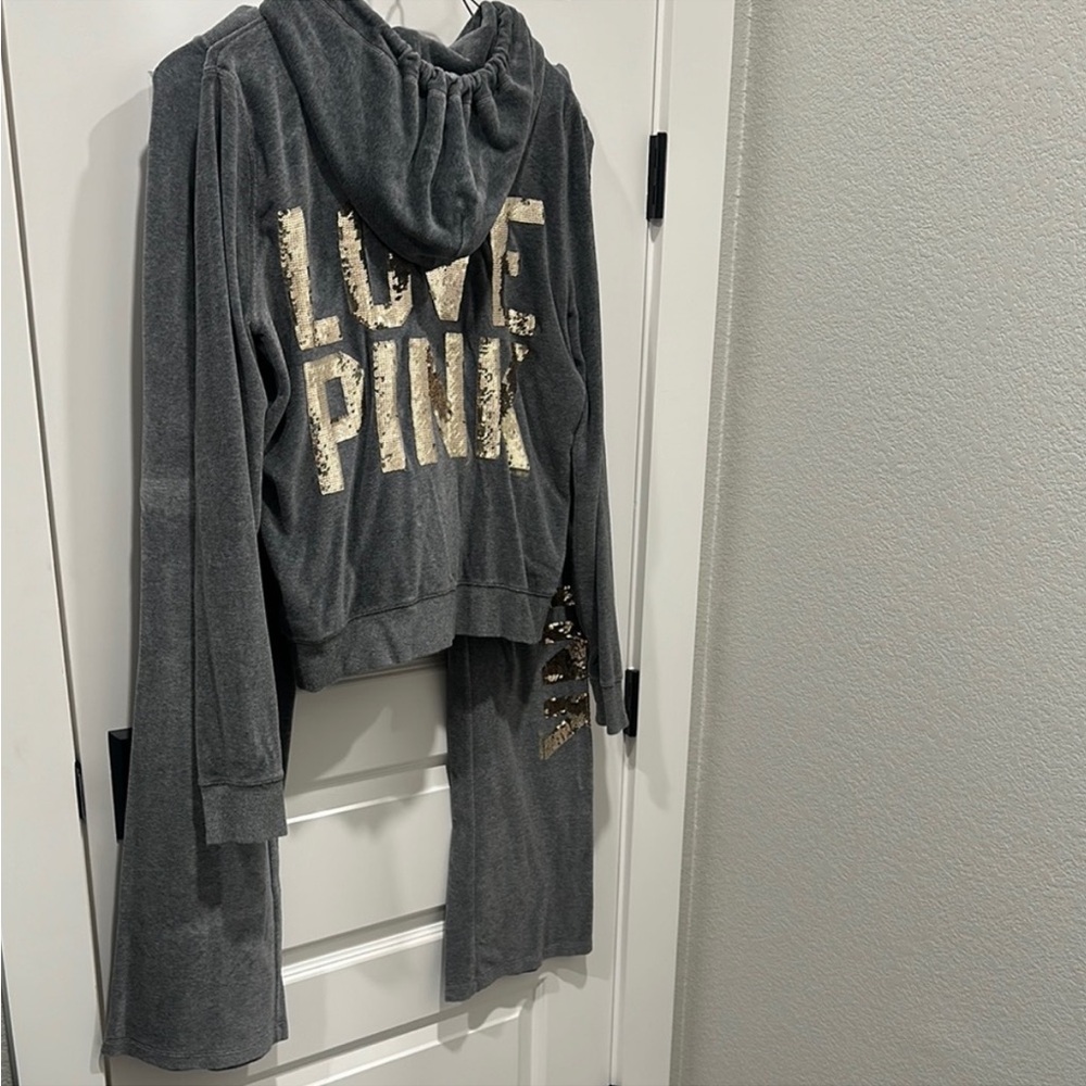 L Vintage Victoria’s Secret PINK Gray Hoodie and Pants Set with Gold Lettering
